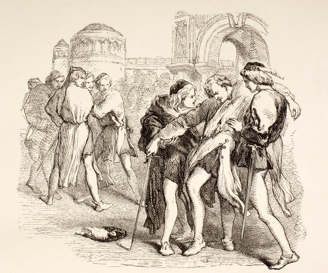 Tybalt er dødelig såret av Romeo, illustrasjon fra Romeo og Julie, fra 