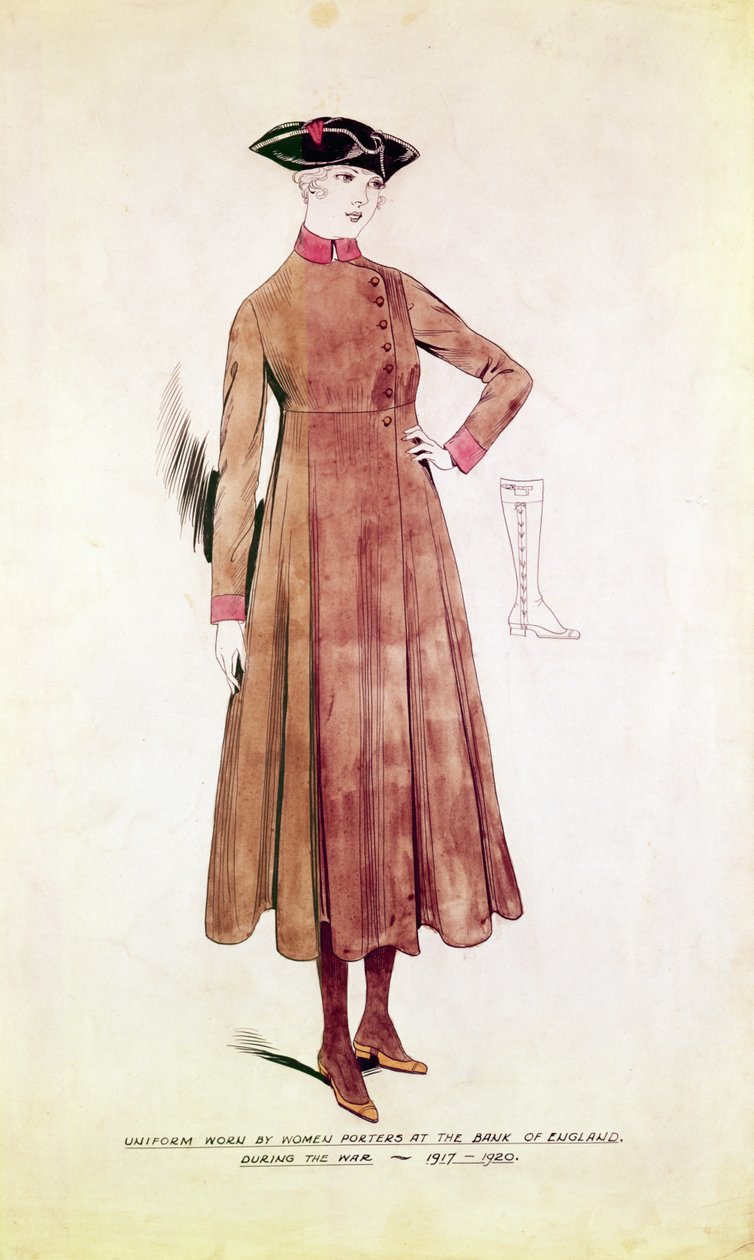 Uniform båret av kvinnelige portører ved Bank of England 1917-20 (penn og blekk med wc på papir) av English School