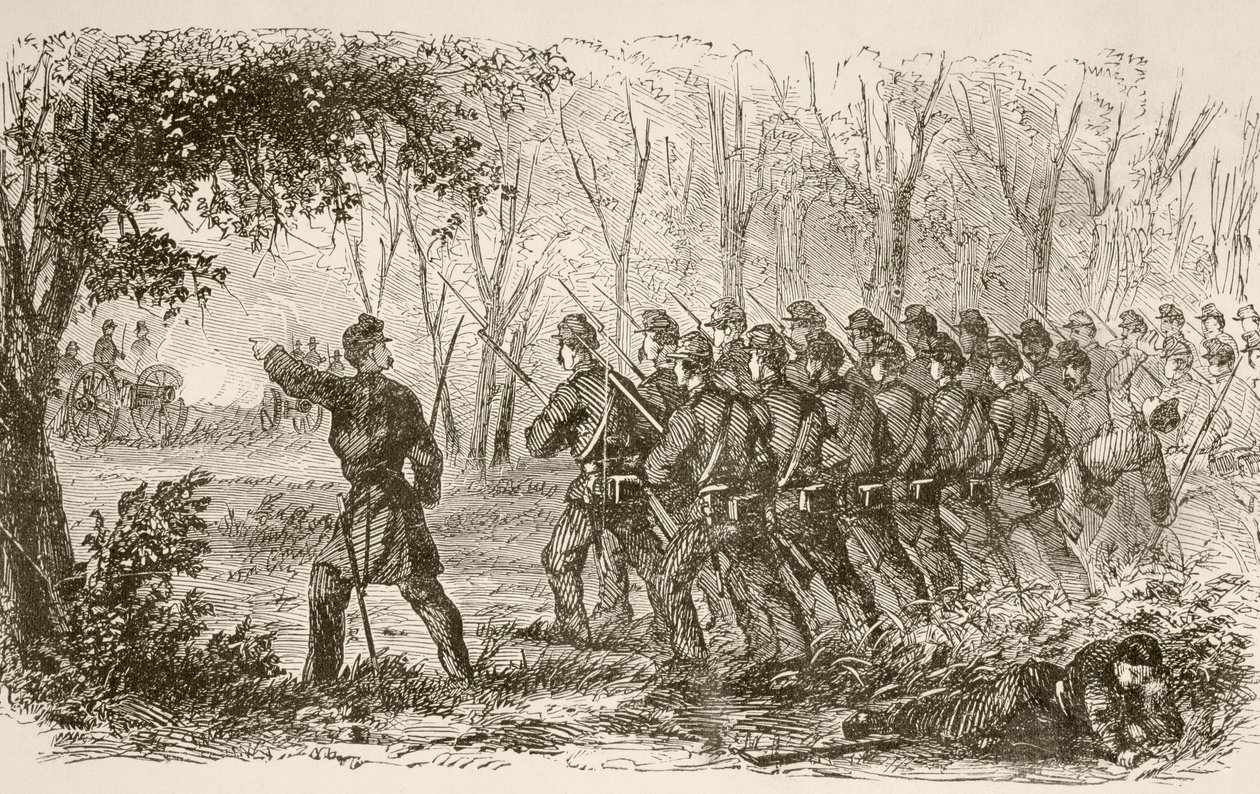 Unionssoldater på platået i det første slaget ved Bull Run (litho) av English School