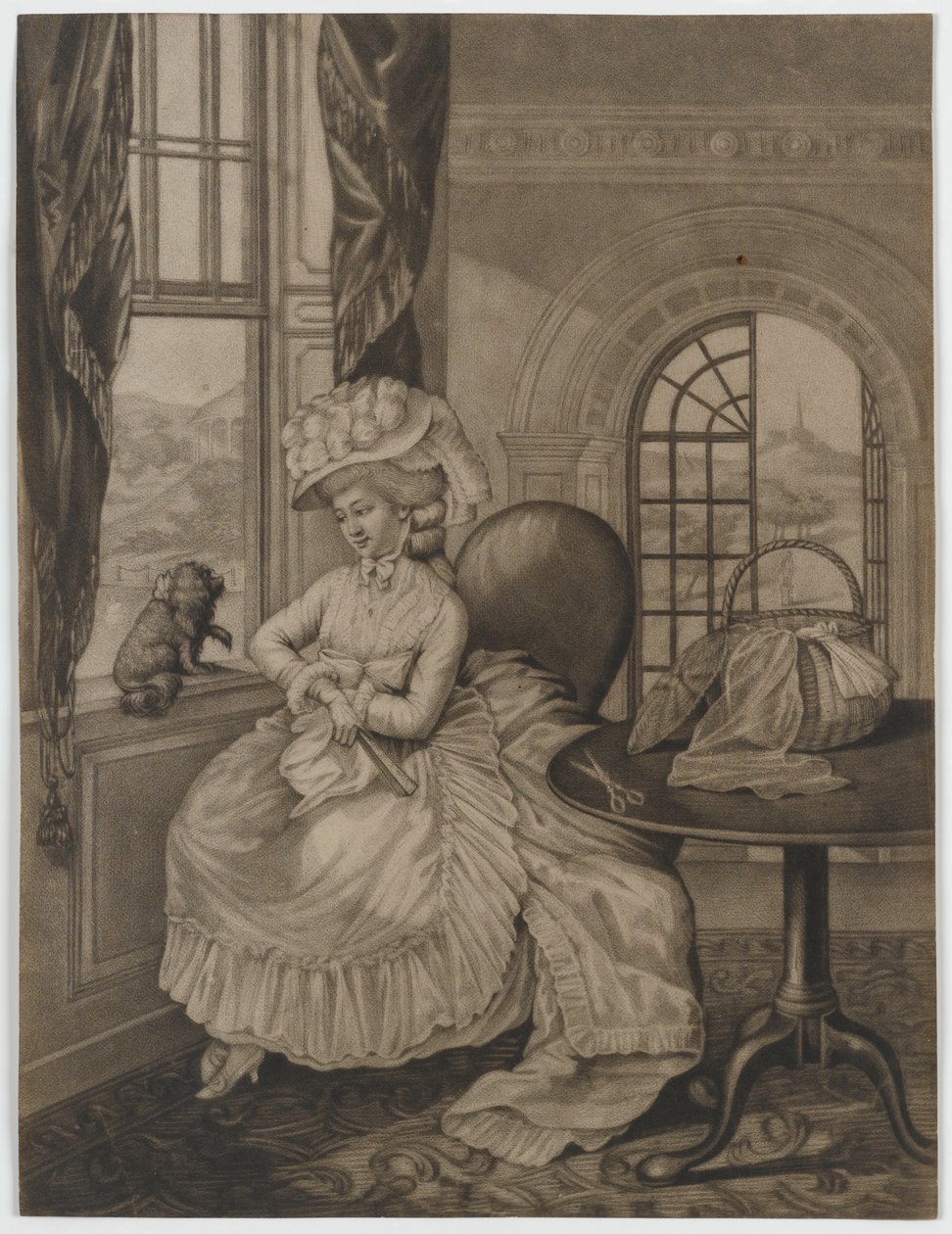 Uten tittel (kvinne som sitter ved et vindu angående en liten hund), ca. 1780 (mezzotint) av English School