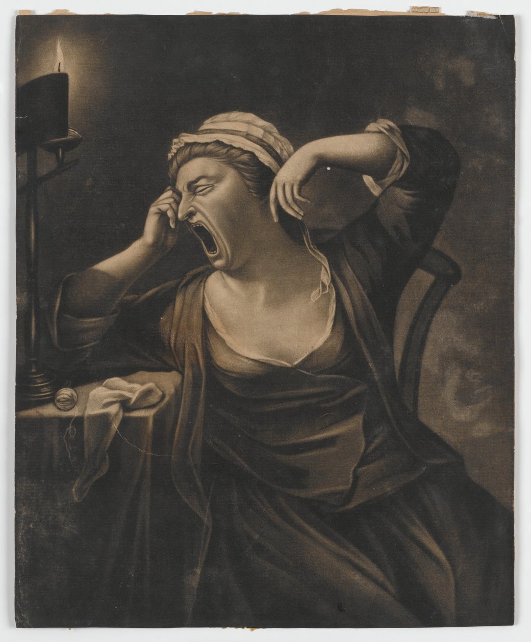 Uten tittel (kvinne som gjesper), ca. 1780 (mezzotint) av English School