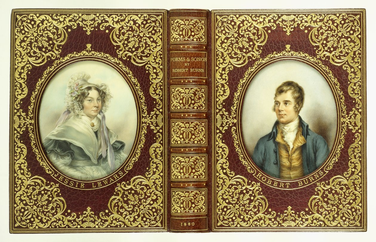 Øvre og nedre omslag, og ryggrad, med ovale portretter av Robert Burns og Jessie Lewars av English School