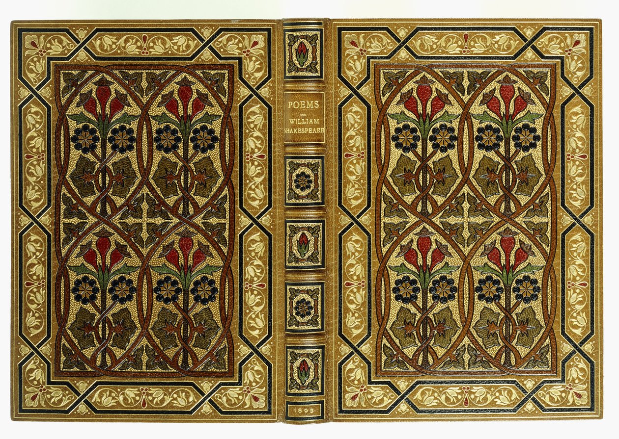 Øvre og nedre omslag, med blomster i jugendstil sammenflettede geometriske mønstre, 1893 av English School
