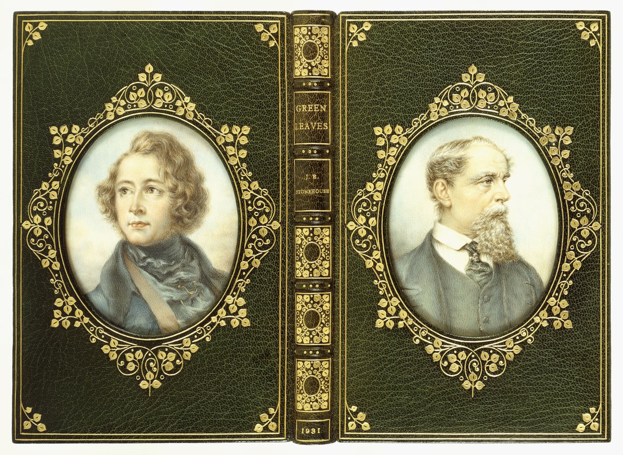 Øvre og nedre omslag, med to ovale portretter av Charles Dickens av English School