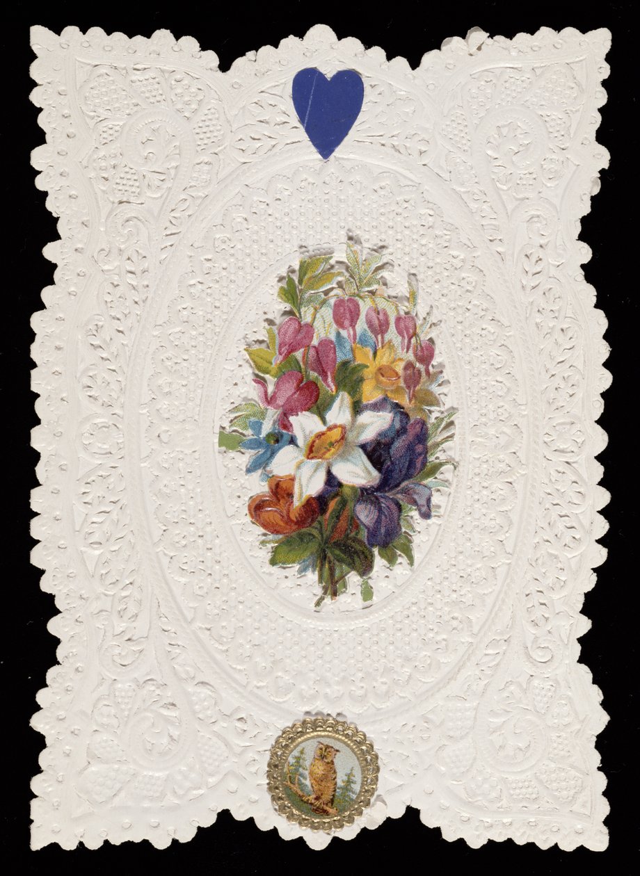 Valentine-kort som viser blomster, ca. 1840 (farge litho på papir) av English School