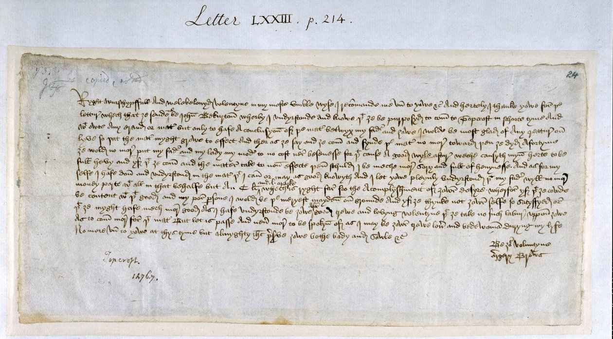 Valentine-brev fra Margery Brews til John Paston III, februar 1477 (penn og blekk på papir) av English School