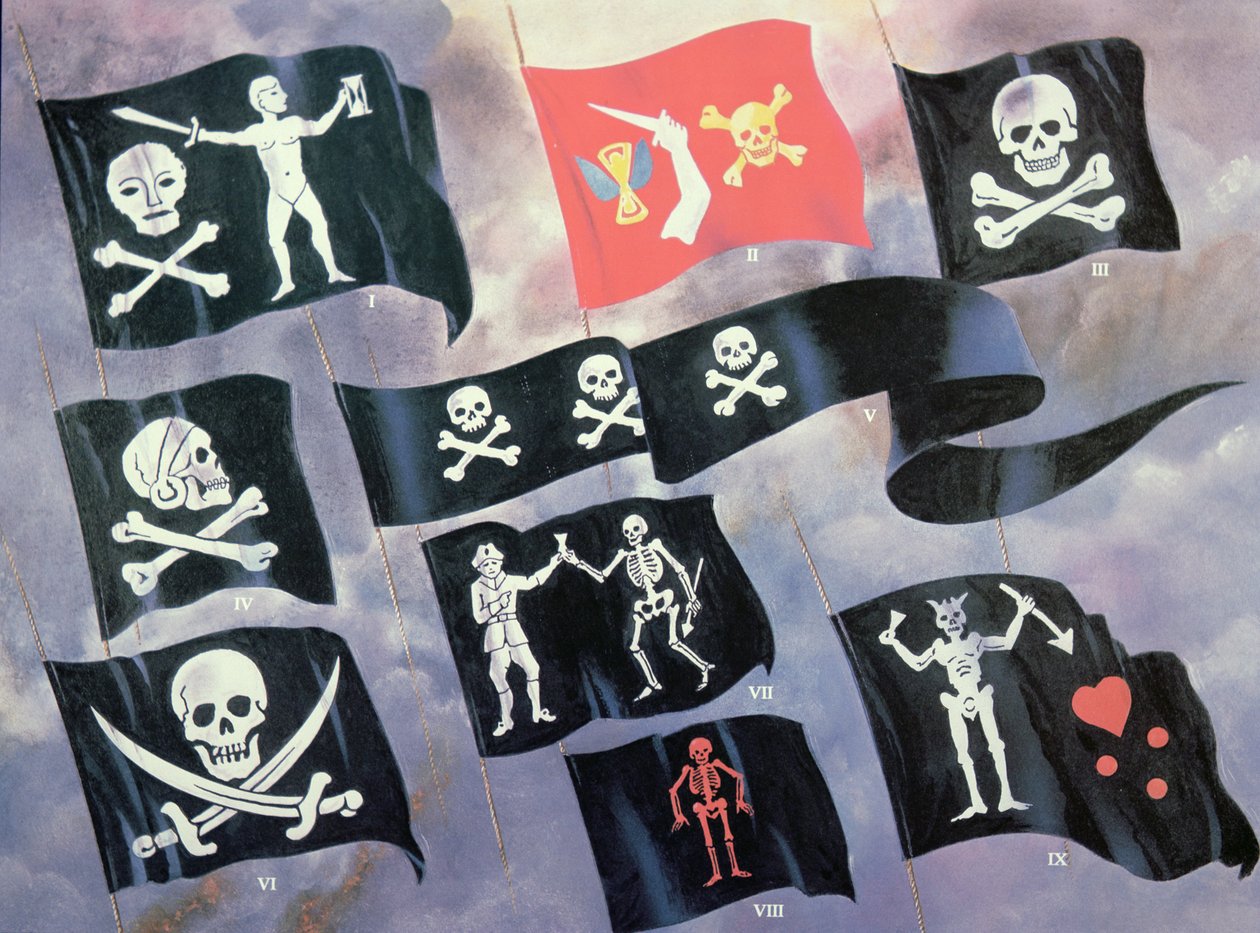 Ulike flagg brukt av Famous Pirates (farge litho) av English School