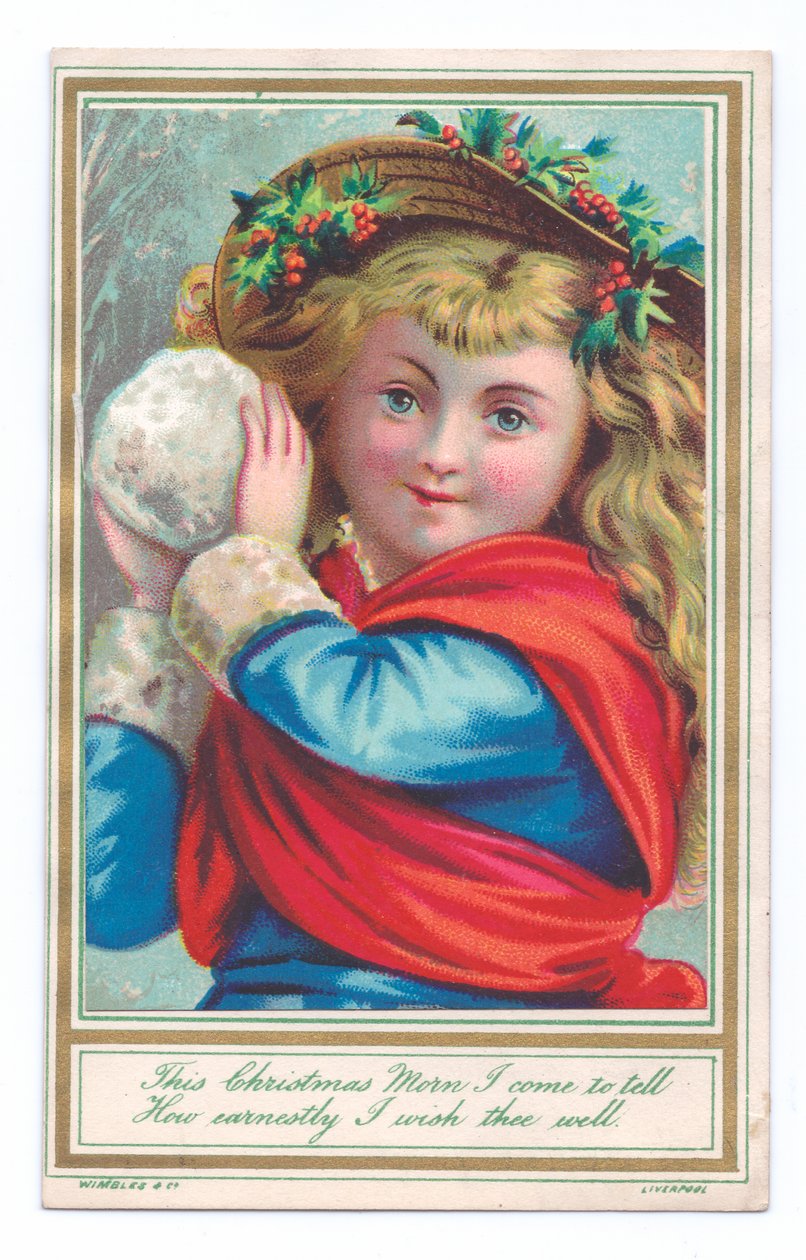 Viktoriansk julekort av et barn som bærer en hatt med kristtorner som holder en snøball, ca. 1880 (farge litho) av English School