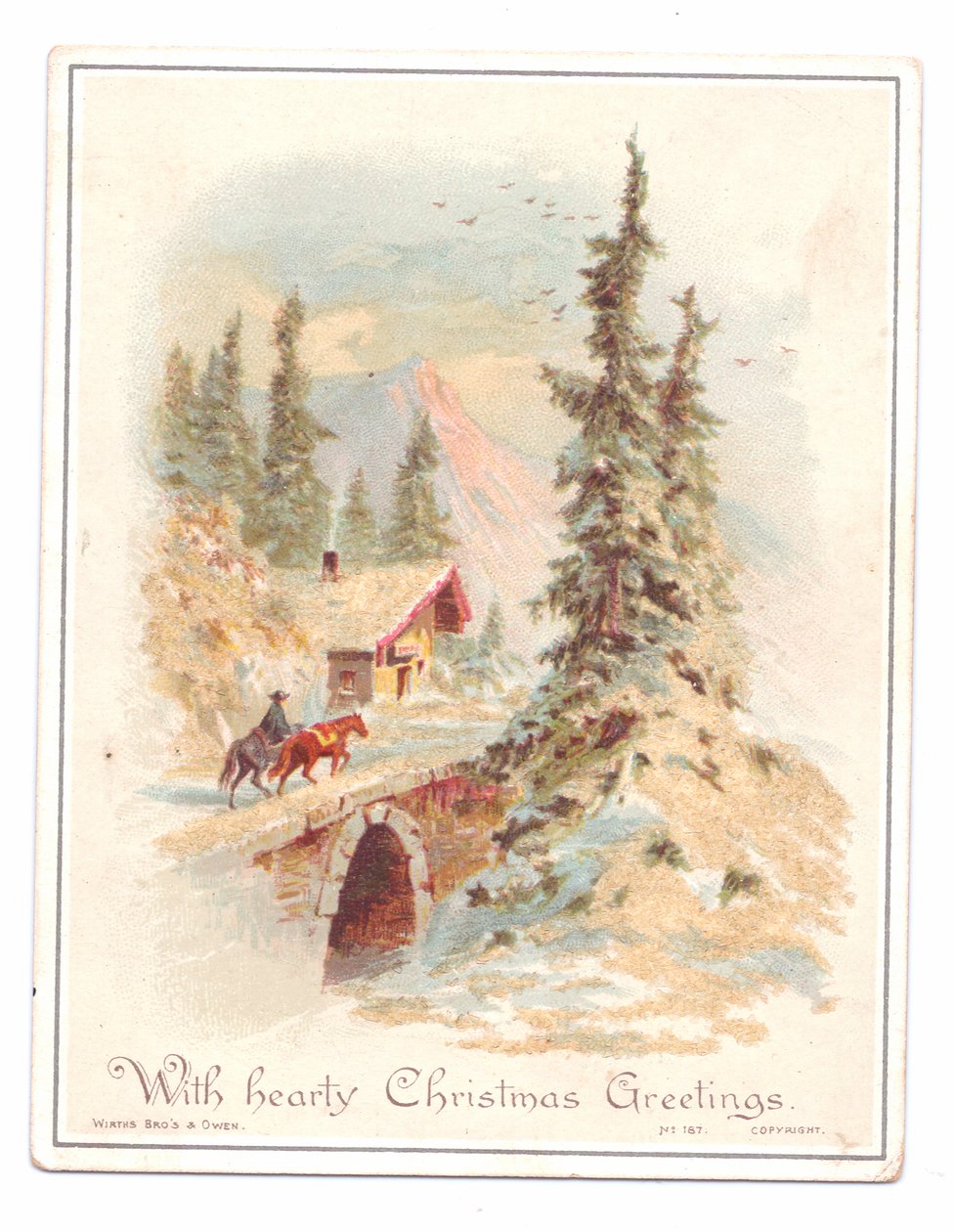 Viktoriansk julekort av en mann og to hester som krysser en bro, ca. 1880 (farge litho) av English School