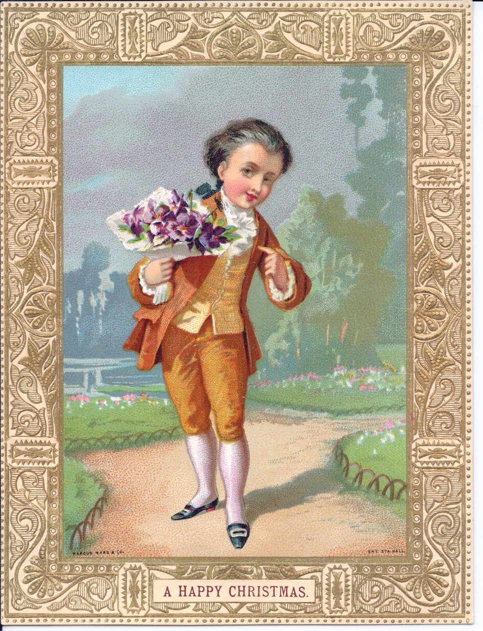 Viktoriansk julekort av en ung gutt kledd i viktorianske klær som holder en bukett blomster, ca. 1880 (farge litho) av English School