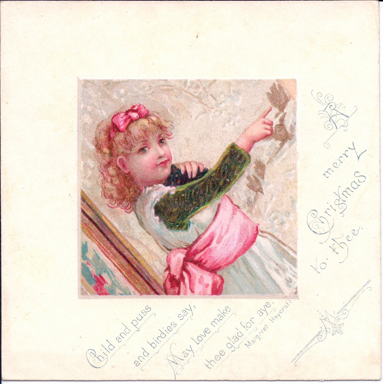 Viktoriansk julekort av en ung jente som holder en katt og peker en finger mot noe, ca. 1880 (farge litho) av English School