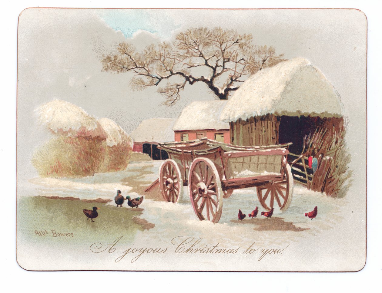 Viktoriansk julekort med ender og kylling nær en dam i et gårdstun, ca. 1880 (farge litho) av English School