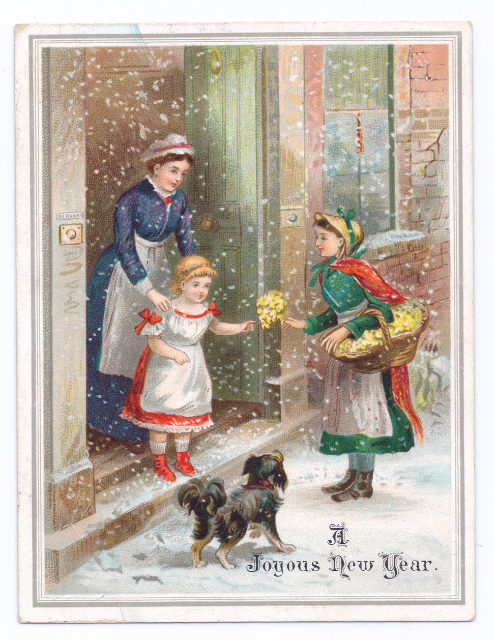 Viktoriansk nyttårskort av en hushjelp som holder på en liten jente mens hun kjøper blomster fra en blomsterselger i den fallende snøen, ca. 1880 (farge litho) av English School