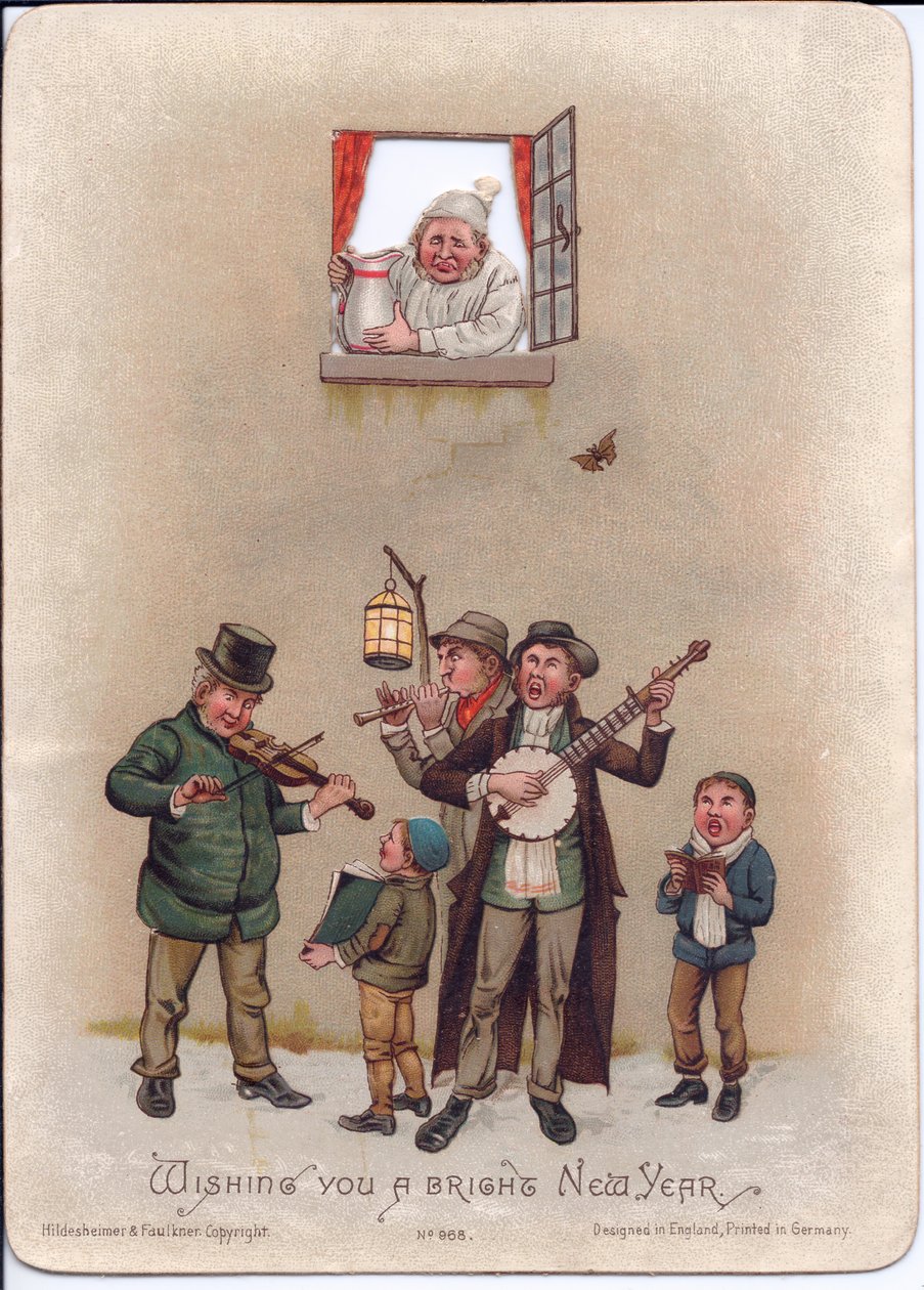Viktoriansk nyttårskort av en mann i nattkjole som forbereder seg på å helle en kanne med vann på noen gatemusikanter nedenfor, ca. 1880 (farge litho) av English School