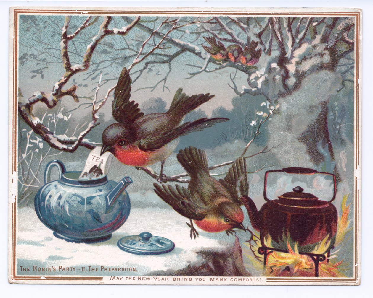 Viktoriansk nyttårskort av røde rødehår som lager te på en snørik vinternatt, ca. 1880 (farge litho) av English School