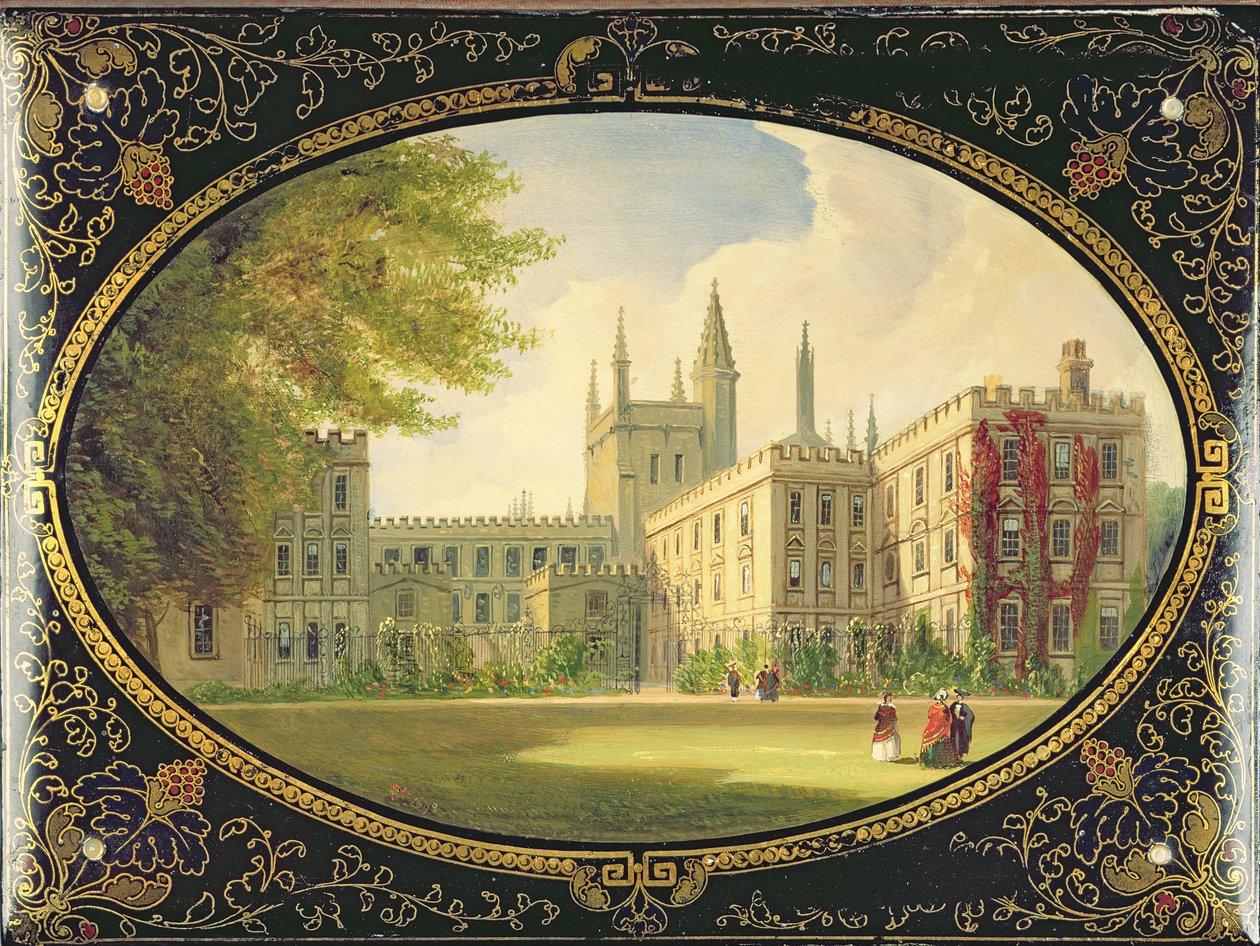 Viktoriansk blotter dekorert med en scene av Garden Quad of New College, Oxford (papier mache) av English School