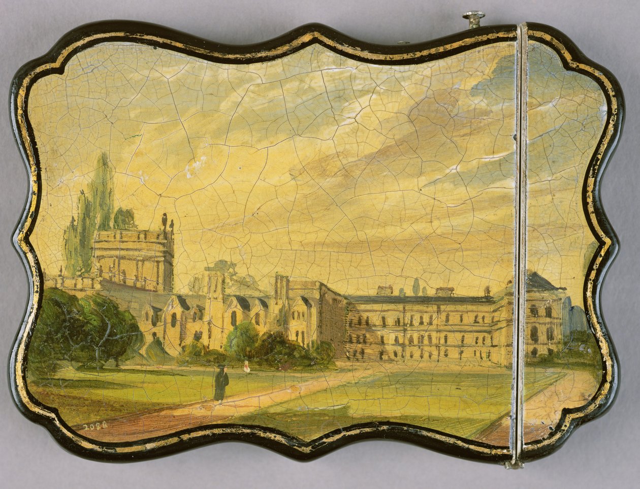 Viktoriansk kortveske, med en scene av Trinity College Gardens, Oxford (papier mache) av English School