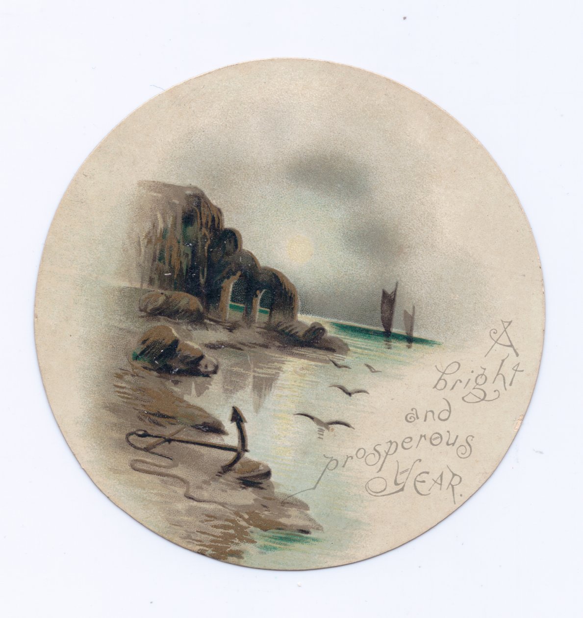 Viktoriansk sirkulært nyttårskort av et sjølandskap med to yachter på en måneskinn natt, ca. 1880 (farge litho) av English School
