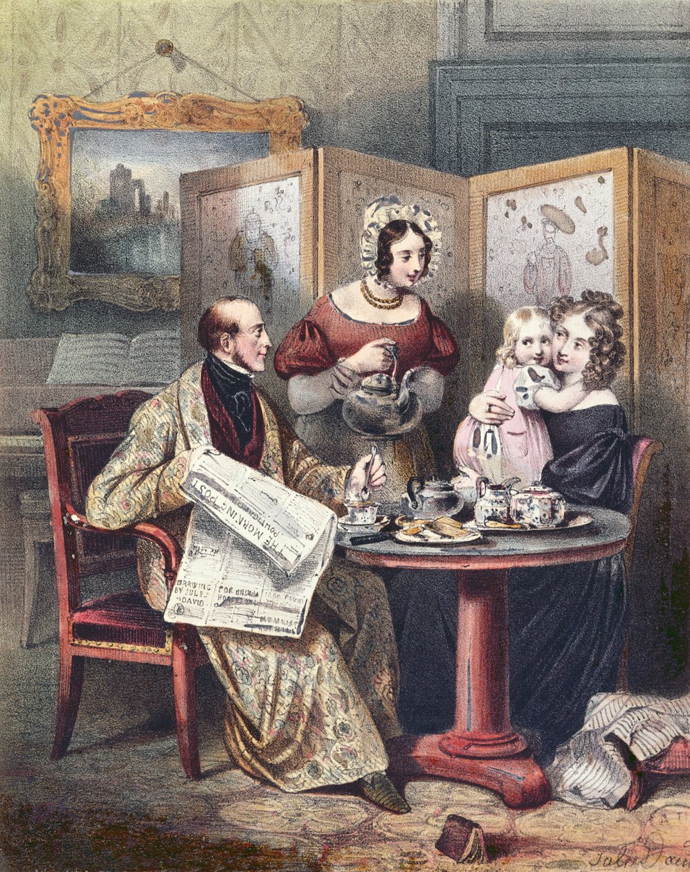 Viktoriansk familie til frokost, ca. 1840 av English School