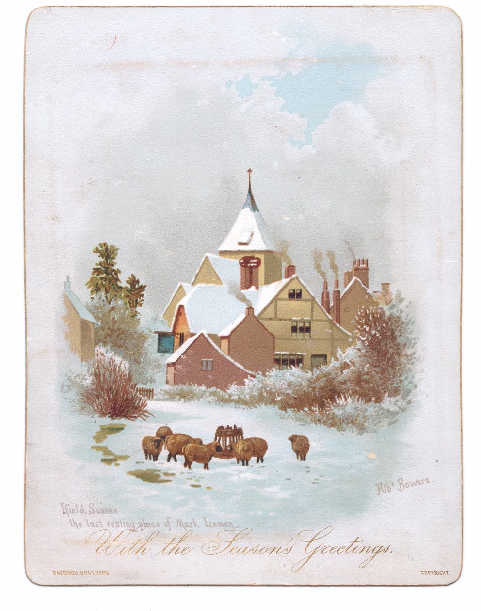 Viktoriansk gratulasjonskort av sauer som vandrer nær en kirke i snøen, ca. 1880 (farge litho) av English School