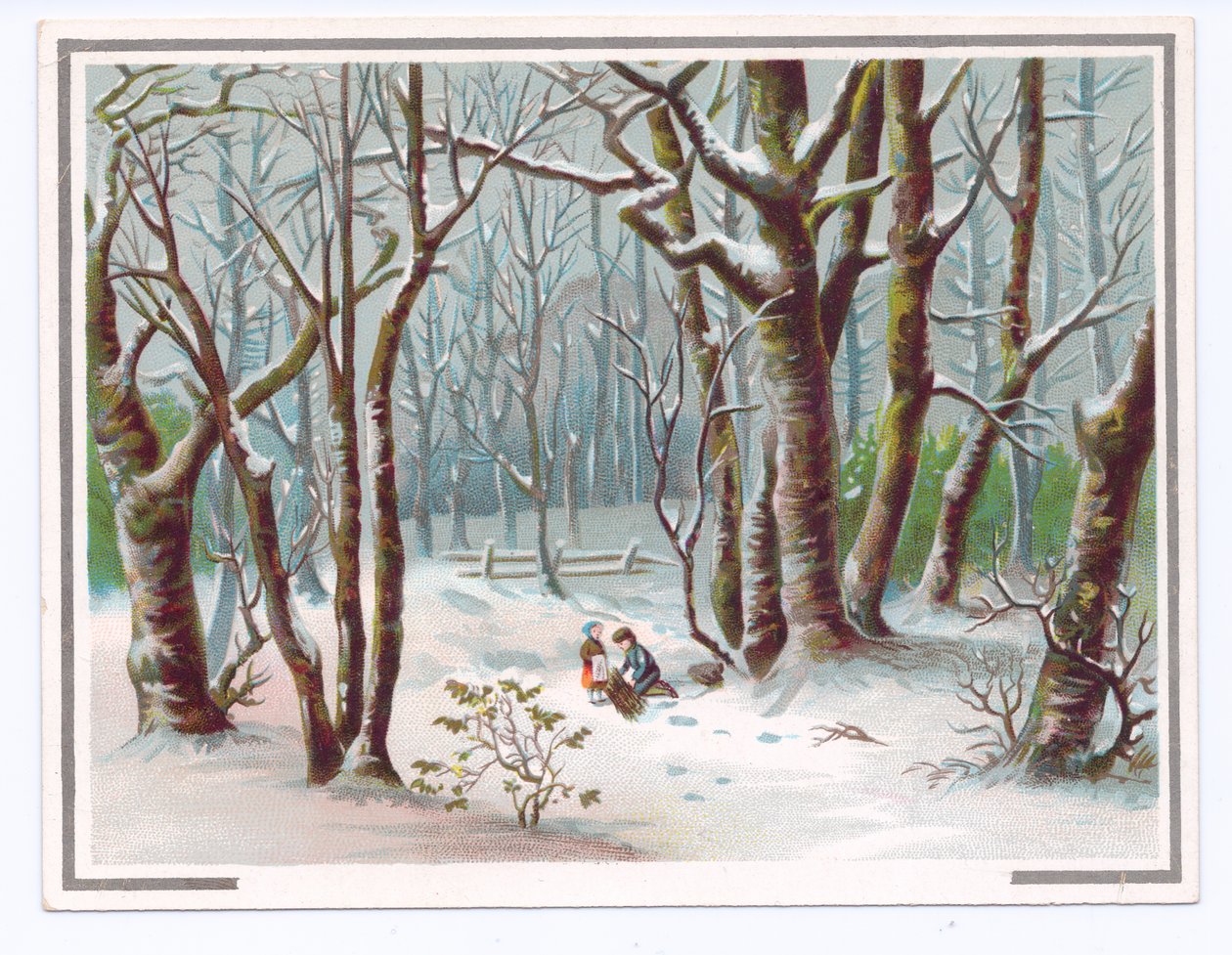 Viktoriansk gratulasjonskort av to barn som samler grener i snøen, ca. 1880 (farge litho) av English School
