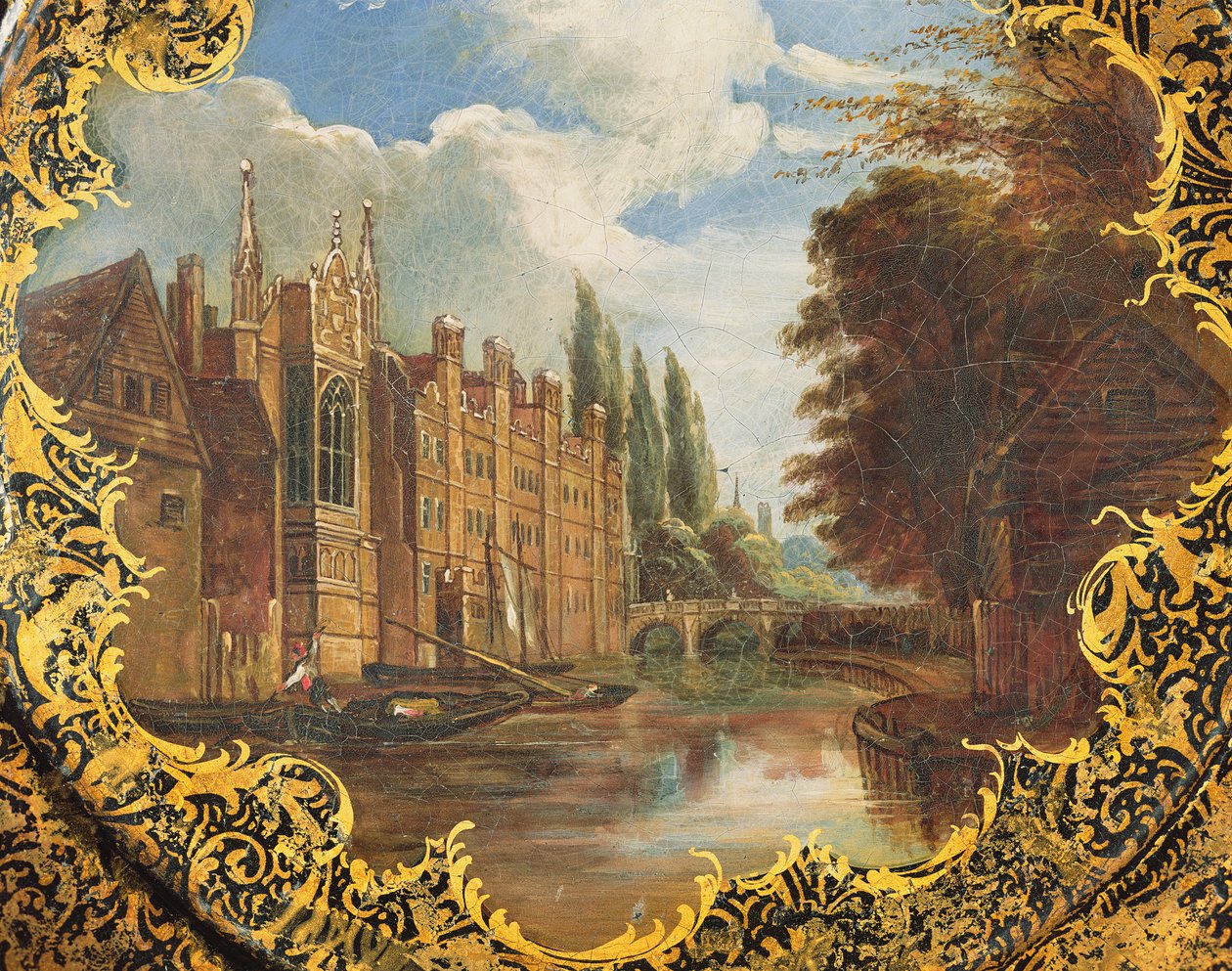 Viktoriansk tallerken dekorert med en scene fra St. Johns College, Cambridge, Third Court og dens bro (papier mache) av English School