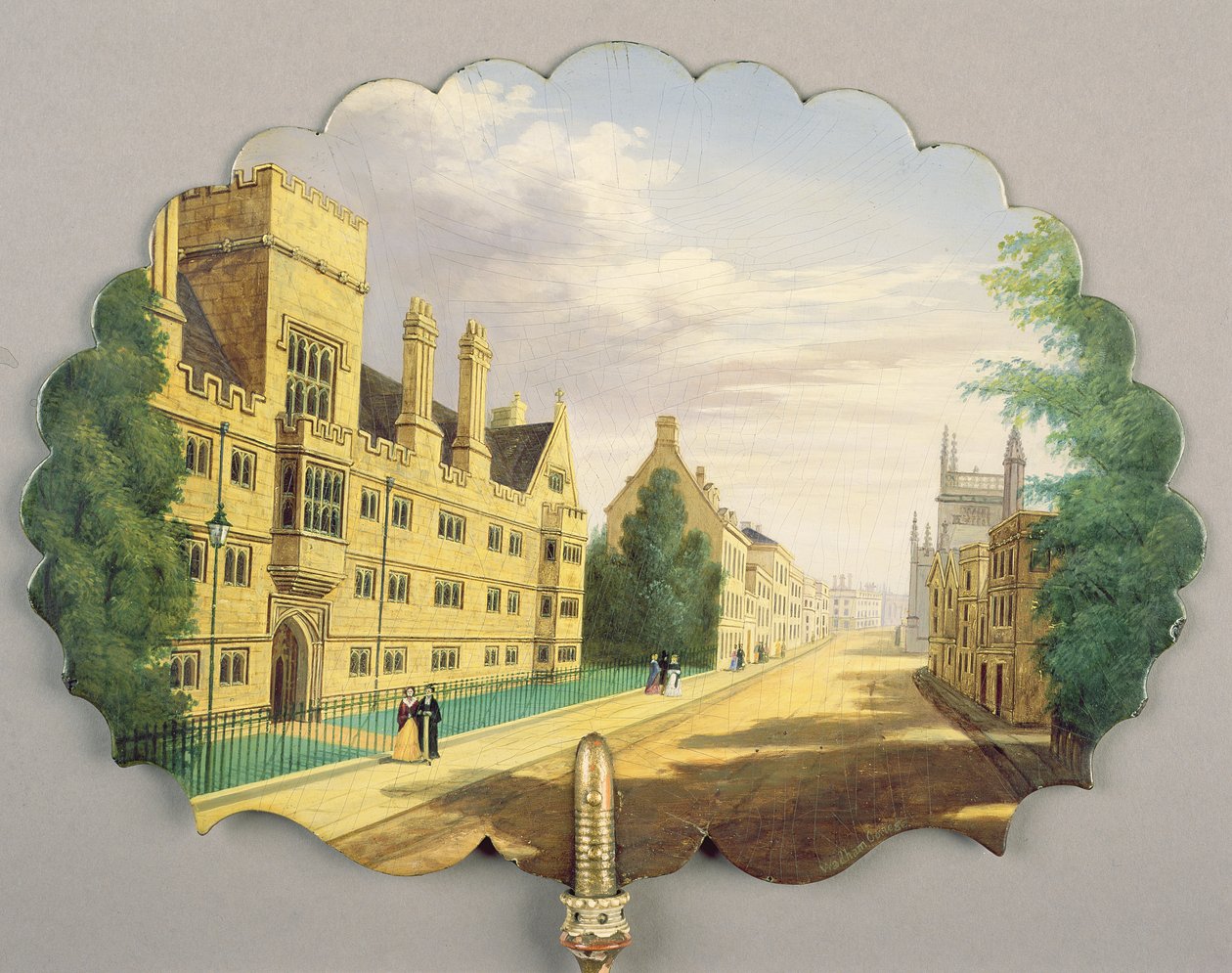Viktoriansk skjerm, med en scene fra Wadham College, Oxford med Bodleian Library og Hertford College i bakgrunnen (papier mache) av English School
