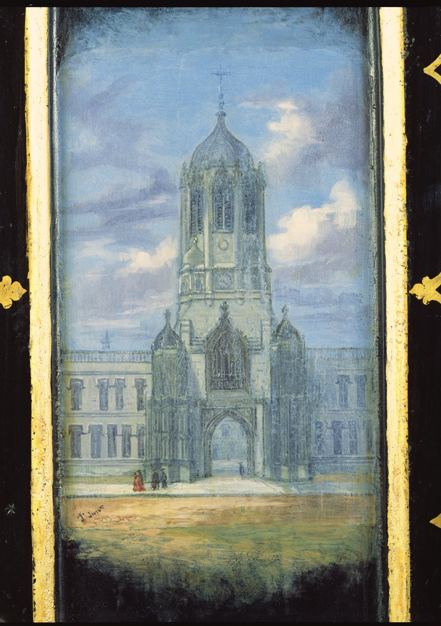 Viktoriansk syskapspanel dekorert med en scene av Christ Church, Oxford (papier mache) av English School