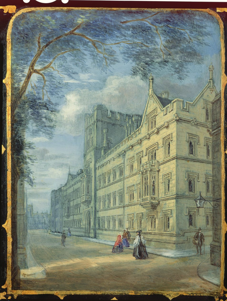 Viktoriansk syskapspanel dekorert med en scene fra Exeter College, Oxford (papier mache) av English School