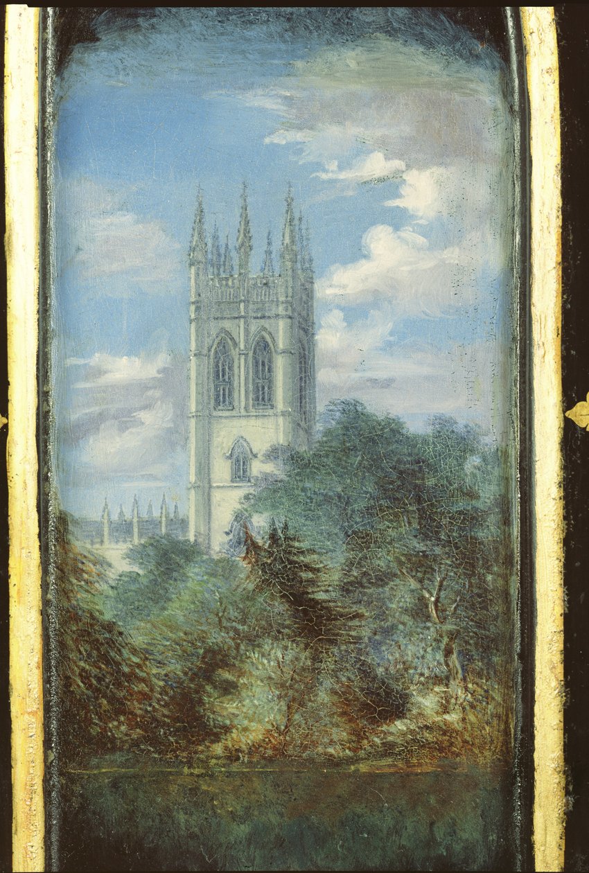 Viktoriansk syskapspanel dekorert med en scene fra Magdalen College, Oxford (papier mache) av English School