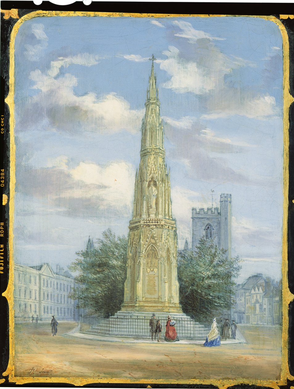 Viktoriansk syskapspanel dekorert med en scene av Martyrs Memorial, Oxford (papier mache) av English School