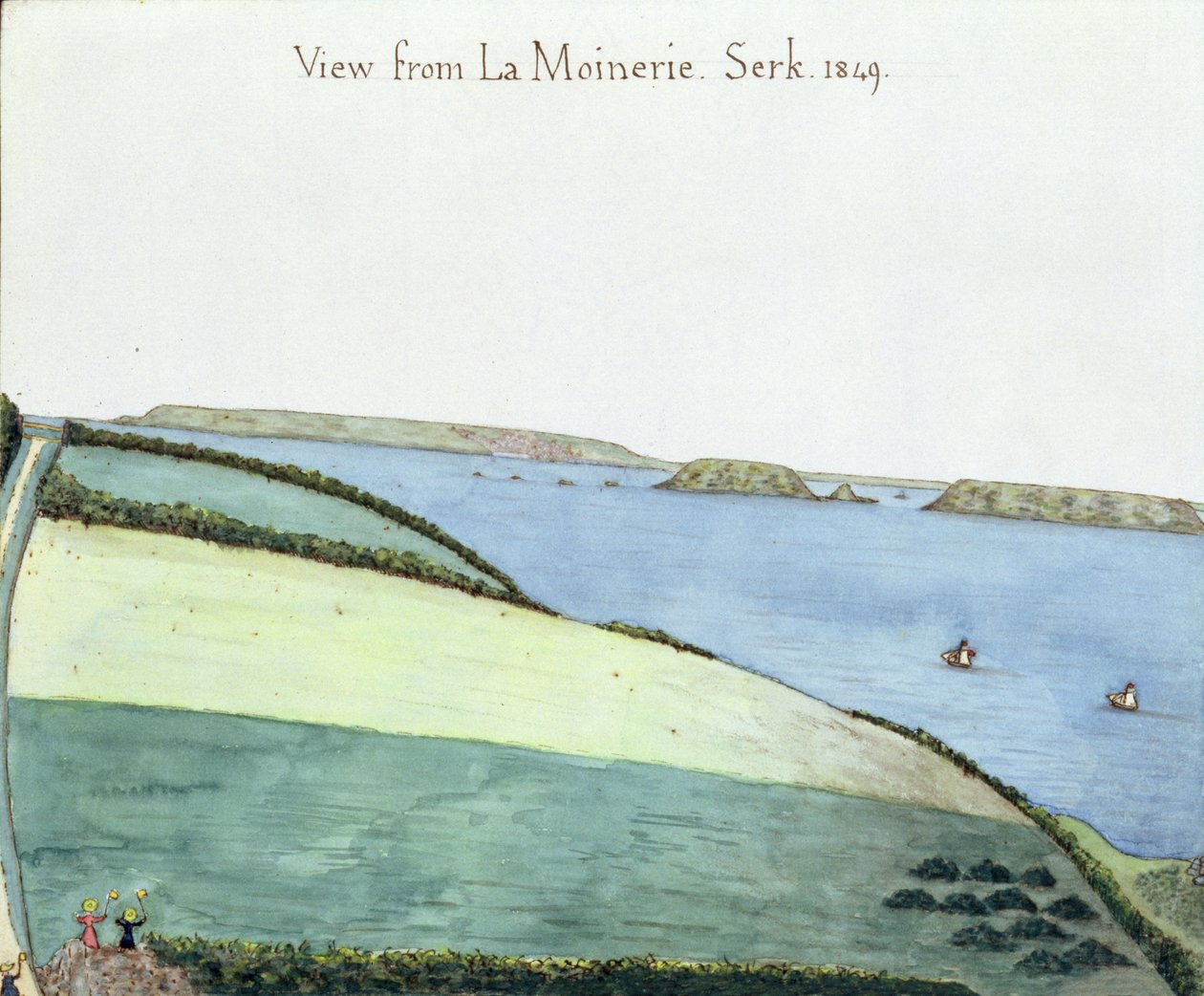 Utsikt fra la Moinerie, Serk, 1849 (wc på papir) av English School
