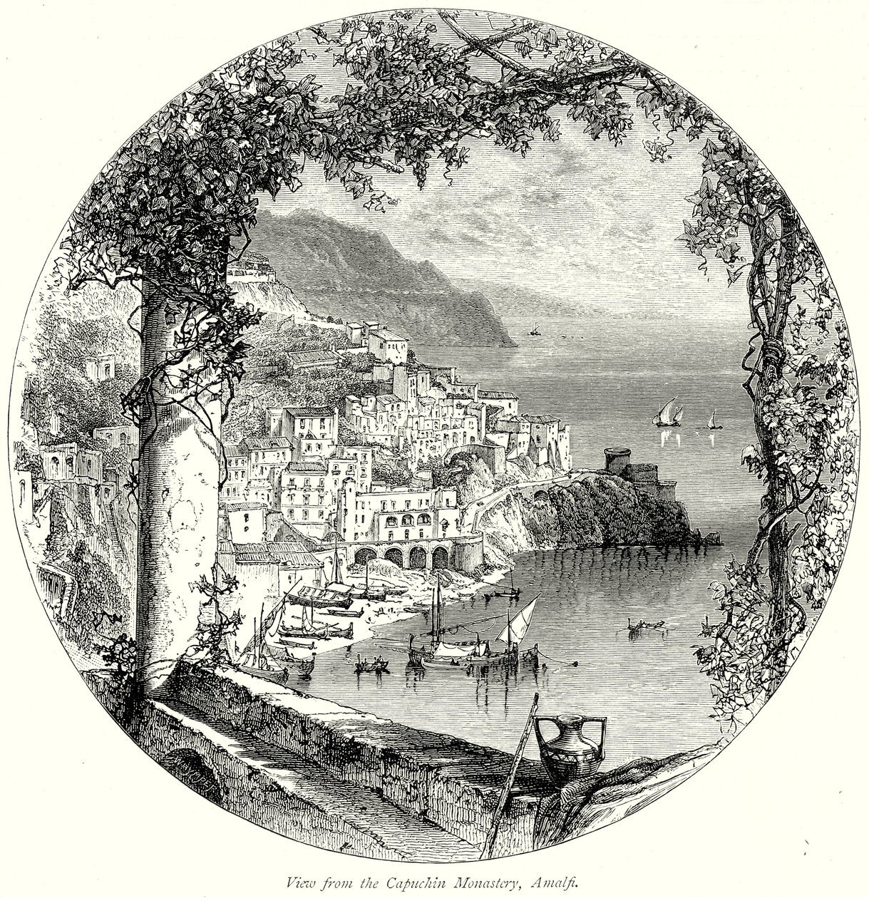 Utsikt fra kapusinerklosteret i Amalfi (gravering) av English School