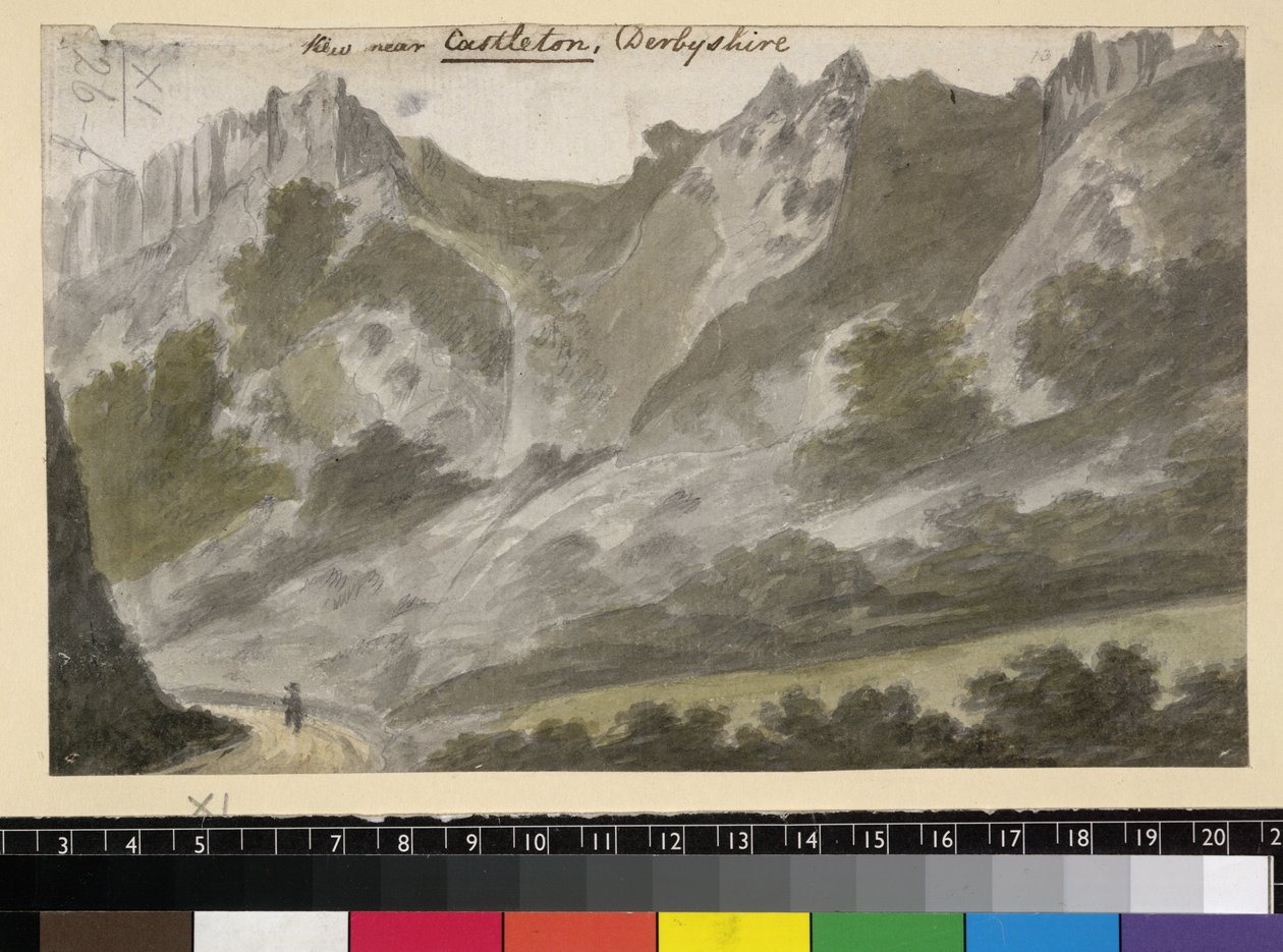 Utsikt nær Castleton, Derbyshire, ca. 1790 (akvarell over blyant på papir) av English School