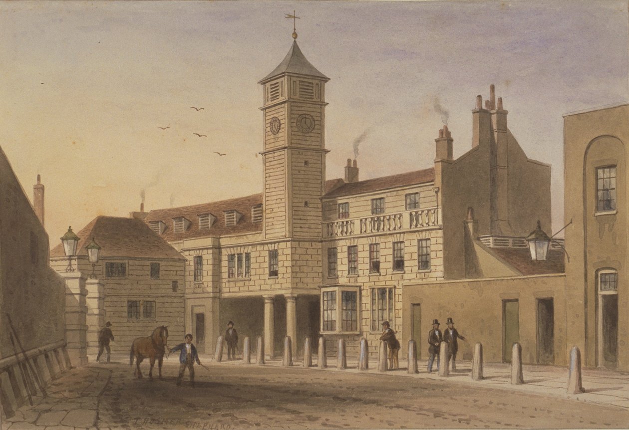 Utsikt over Bridge House i Bridge Yard, Tooley Street, 1846 (wc på papir) av English School