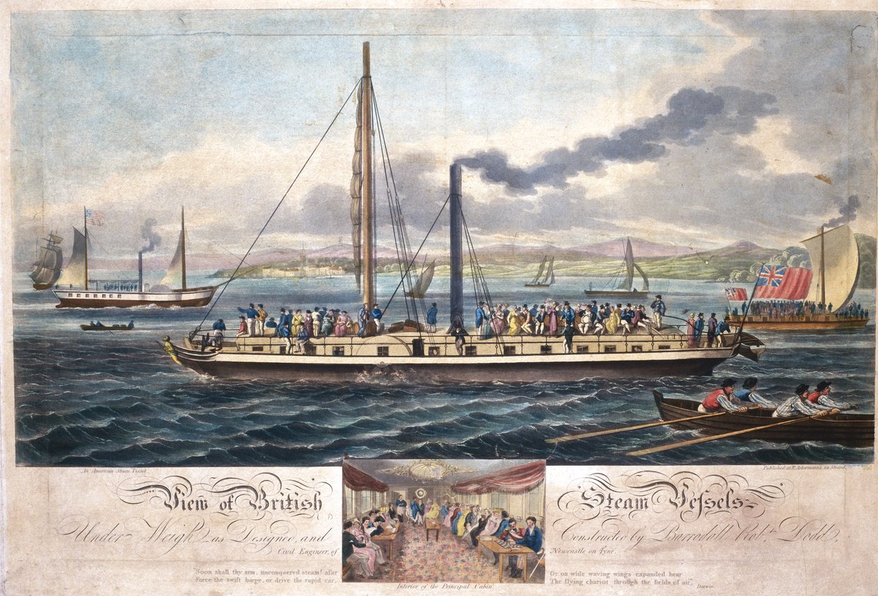 Utsikt over britiske dampfartøy, utgitt av R. Ackermann, 1820-51 (farget akvatint) av English School