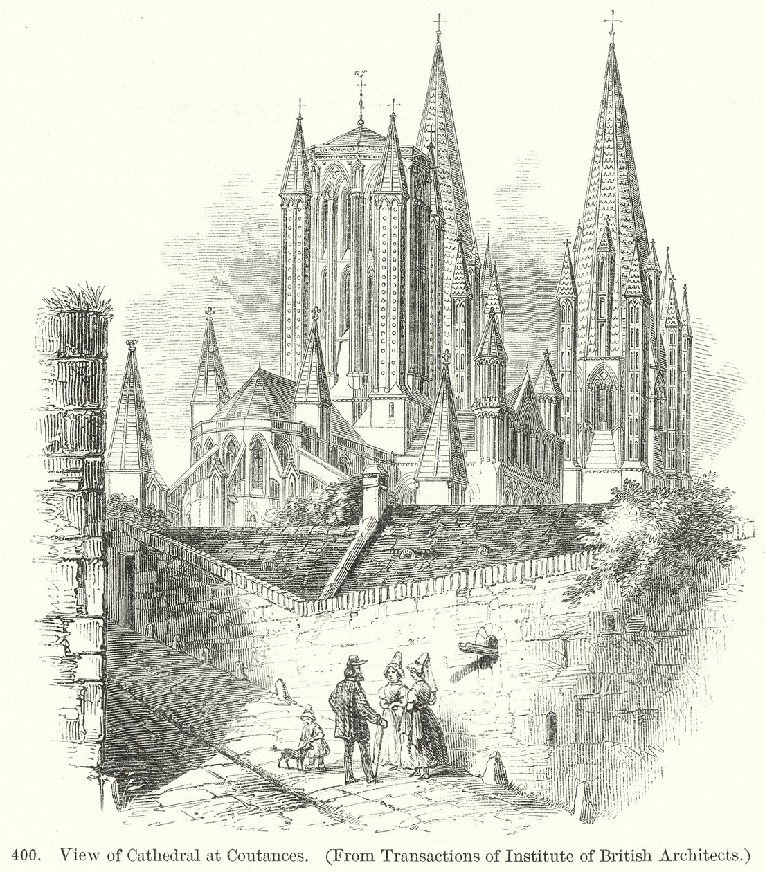 Utsikt over katedralen i Coutances (gravering) av English School