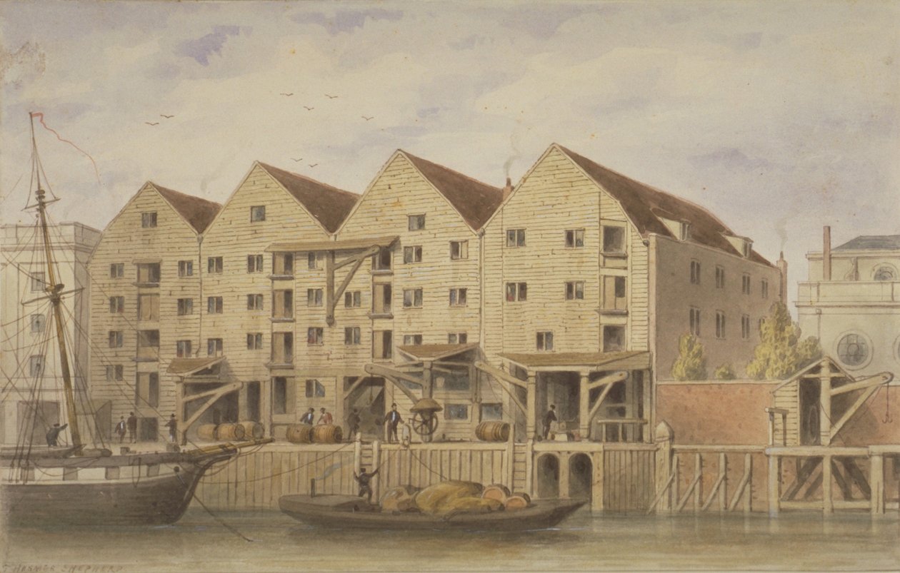Utsikt over Chamberlains Wharf, Tooley Street, 1846 (wc på papir) av English School