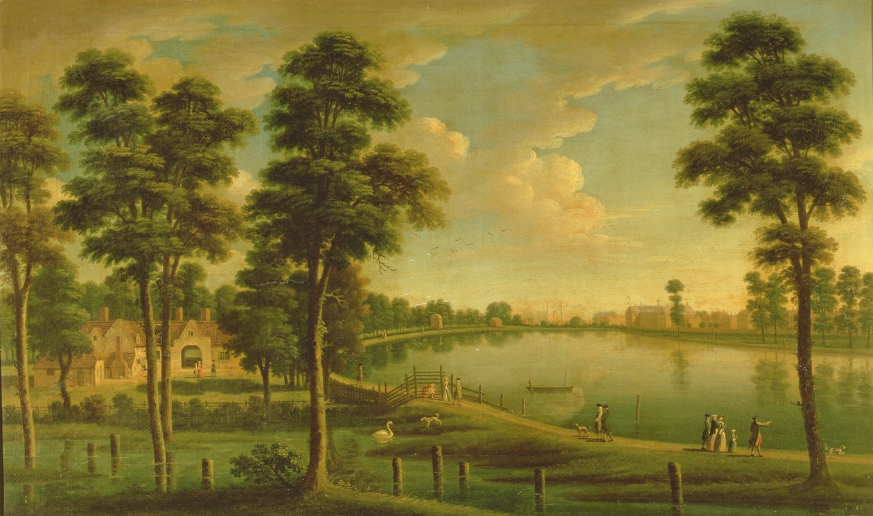 Utsikt over Chelsea Reservoir and Waterworks, med Westminster Abbey i det fjerne, ca. 1725 av English School