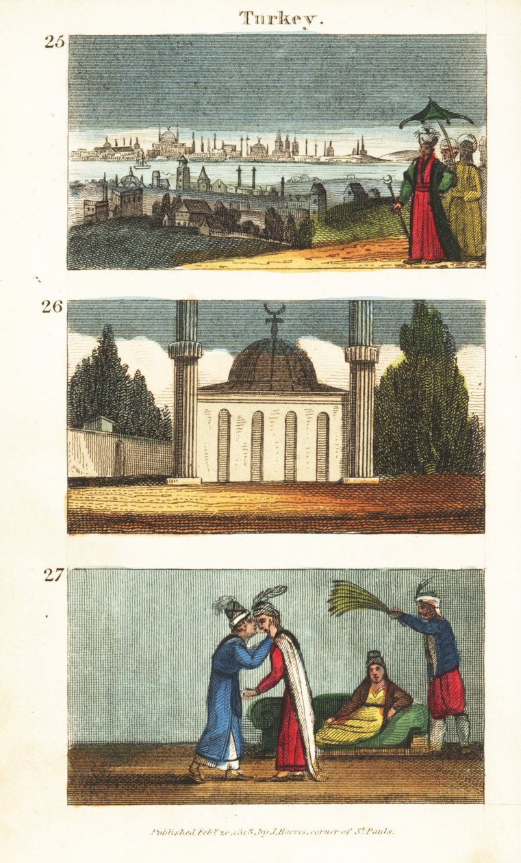 Utsikt over Konstantinopel (Istanbul) tidlig på 1800-tallet 25, muslimsk moske med kuppel og minareter 26, og unge greske kvinner som kysser hverandre på øynene 27 av English School