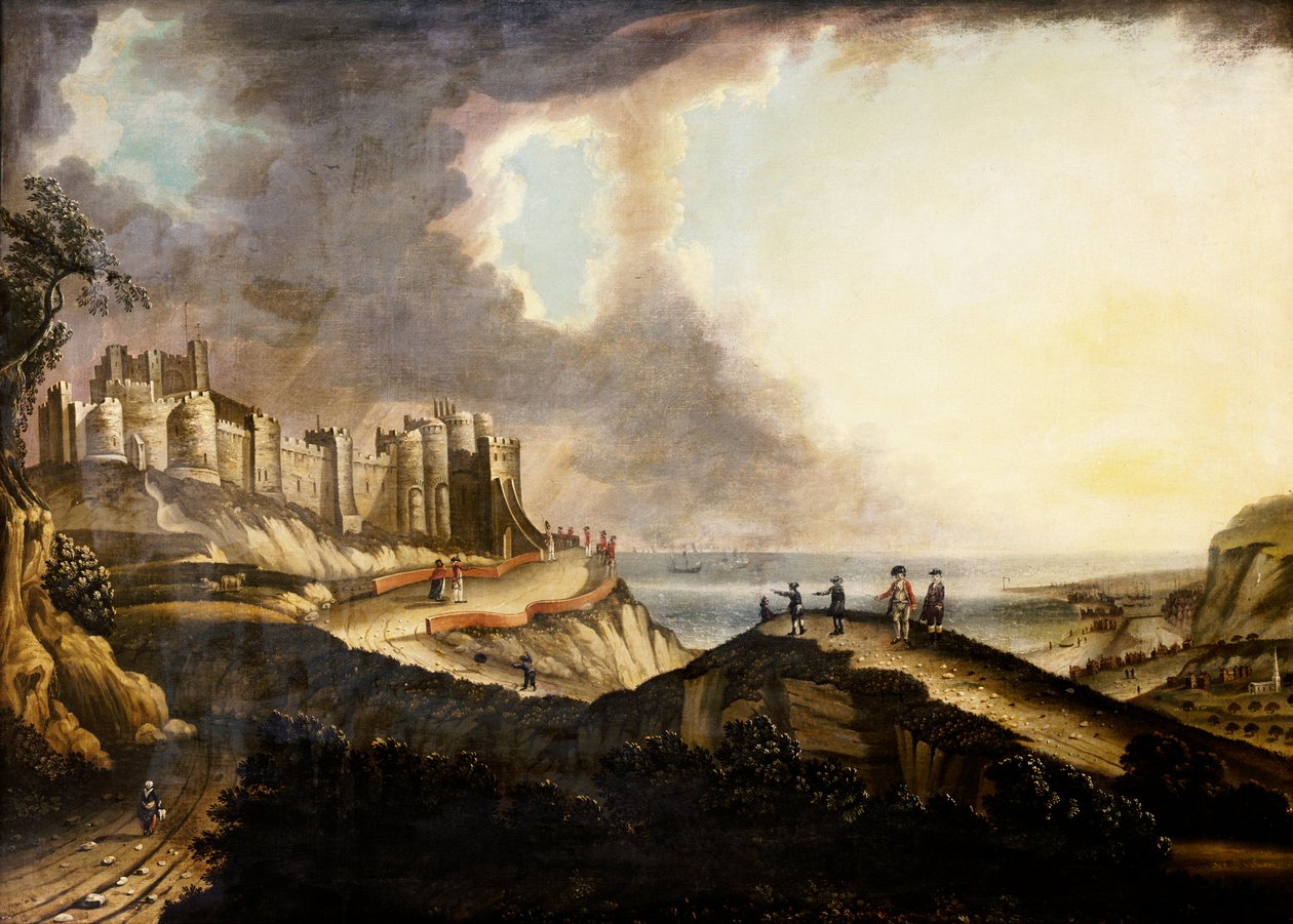 Utsikt over Dover Castle (olje på lerret) av English School