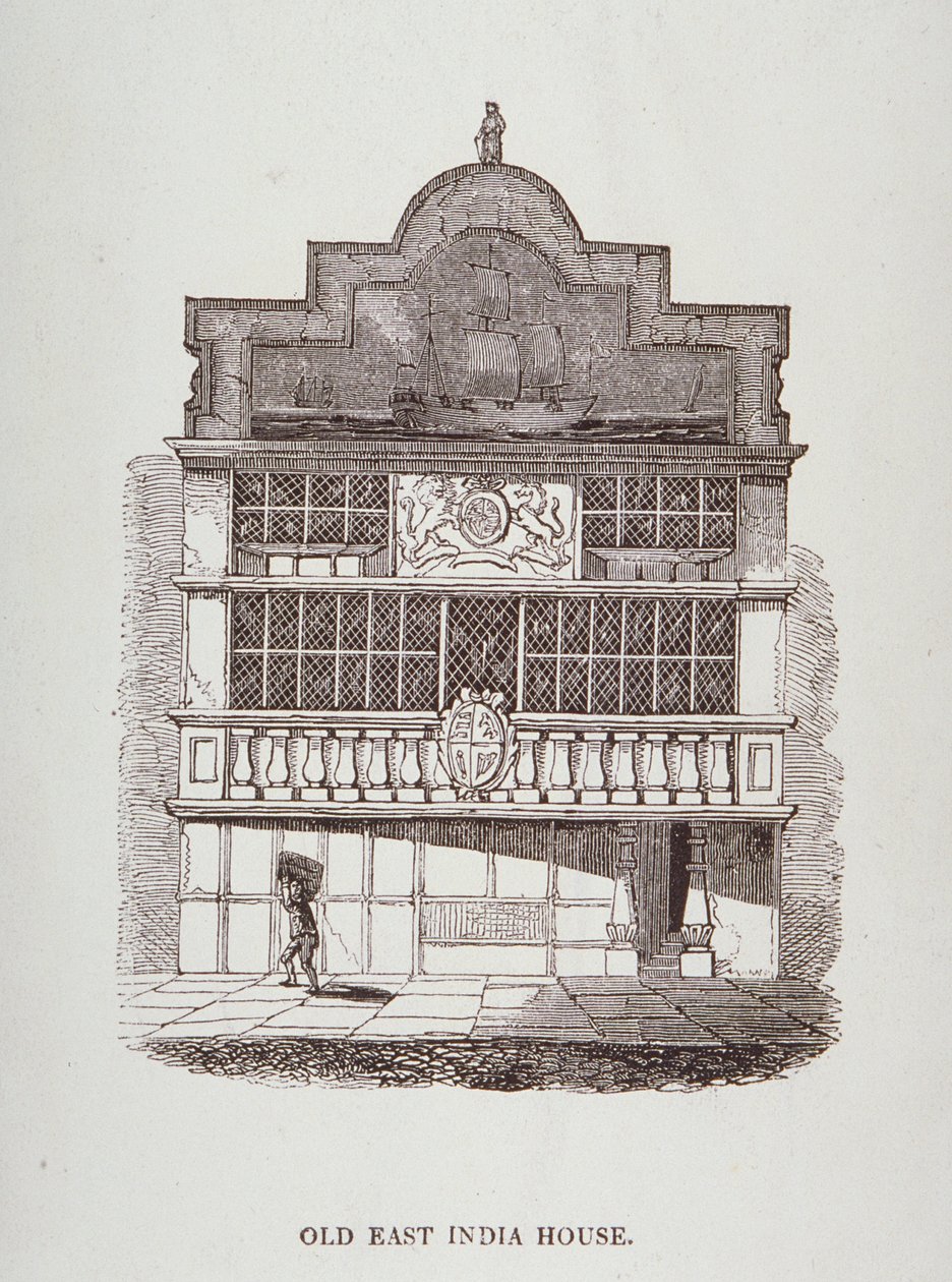 Utsikt over East India House, med figur foran, ca. 1700 av English School