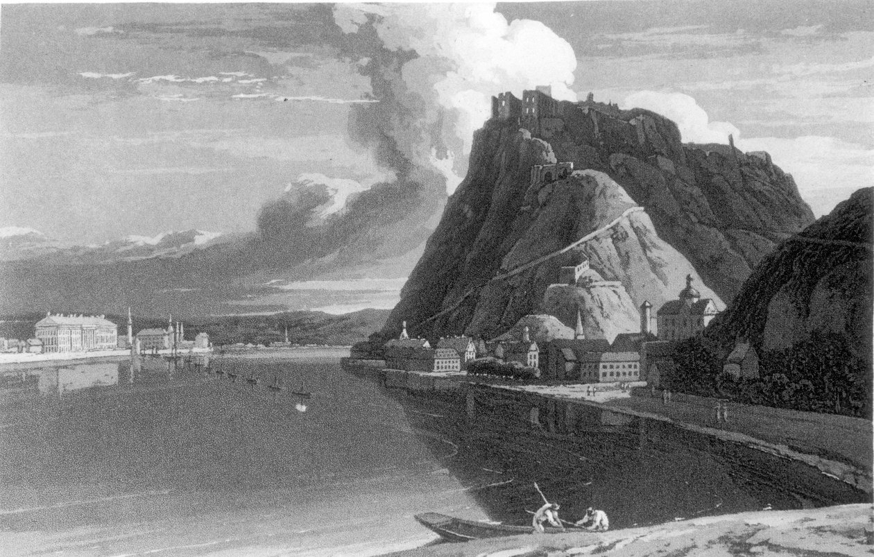 Utsikt over Ehrenbreitstein og Coblenz, fra en tur gjennom Holland, langs høyre og venstre bredd av Rhinen til Sør-Tyskland av Sir John Carr, utgitt 1807 av English School