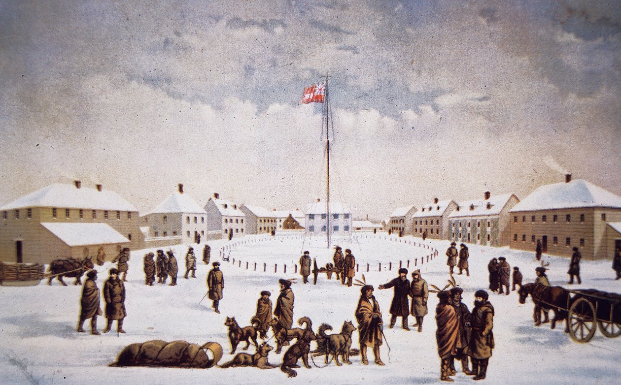 Utsikt over Fort Garry (farge litho) av English School