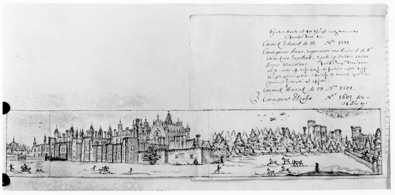 Utsikt over Hampton Court Palace (penn og blekk) av English School