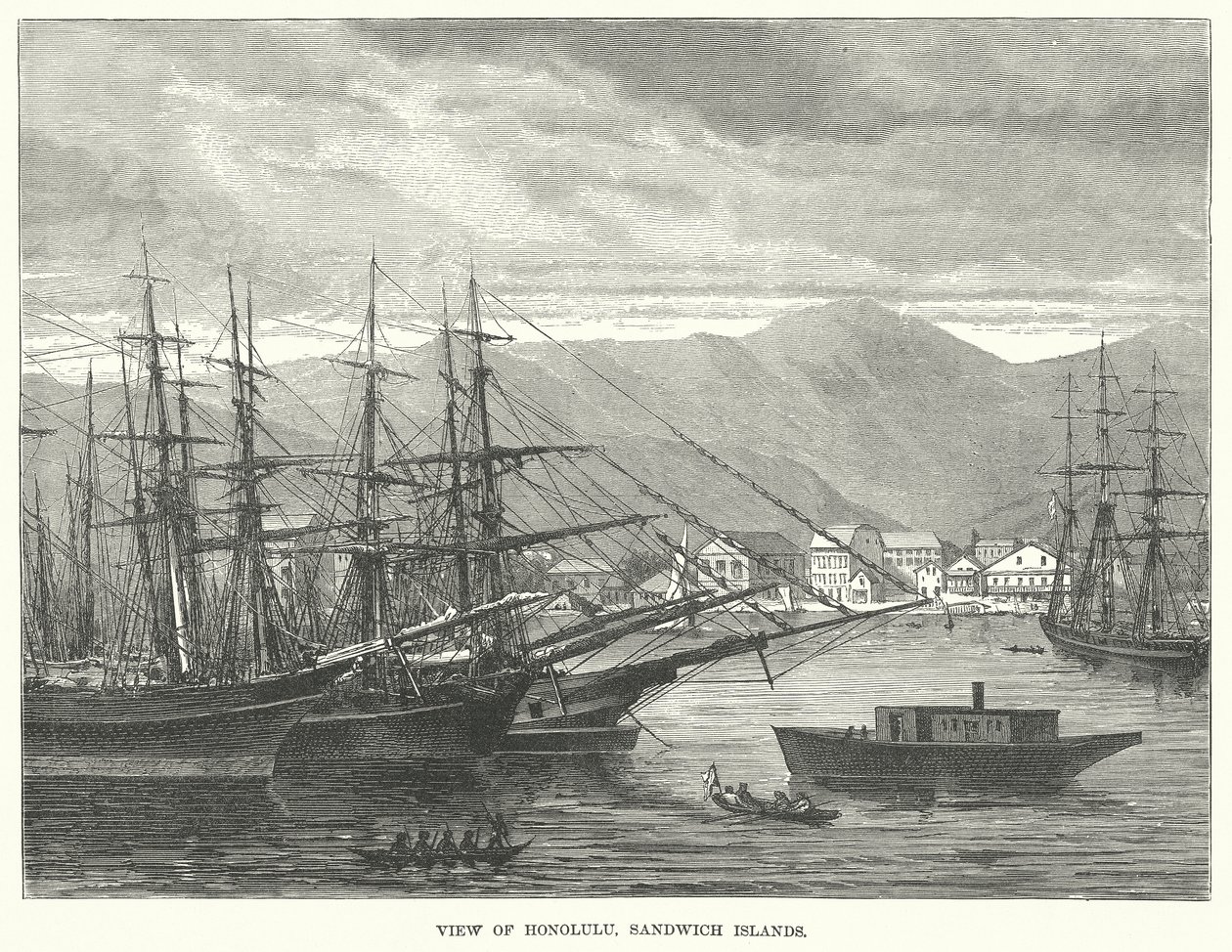 Utsikt over Honolulu, Sandwichøyene (gravering) av English School