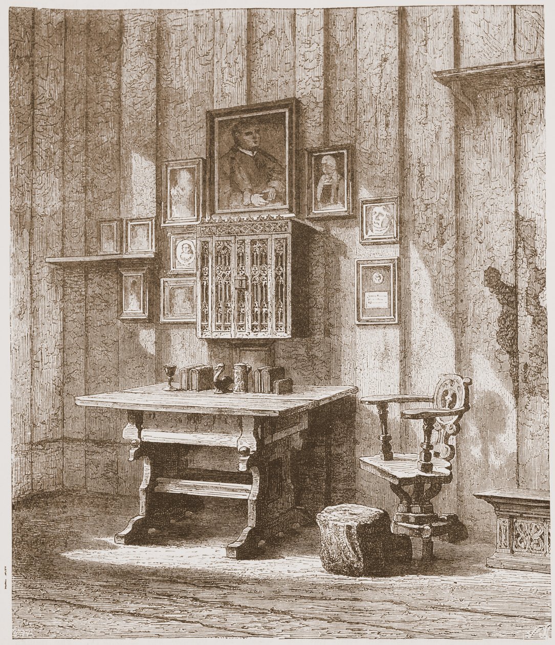 Utsikt over Luthers rom i Wartburg, viser blekkflekken på veggen, illustrasjon fra The History of Protestantism av James Aitken Wylie (1808-1890), pub. 1878 av English School