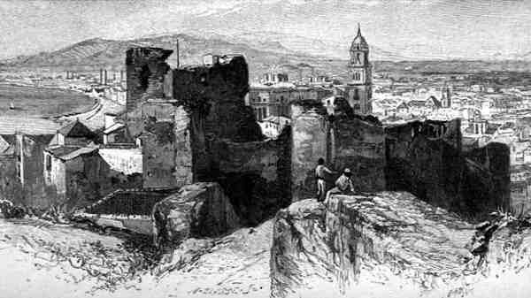 Utsikt over Malaga fra Alcazar, Spania, fra 