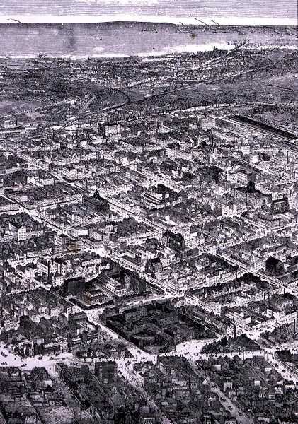 Utsikt over Melbourne, sørover mot havet, fra "Australian Pictures", pub. av The Religious Tract Society av English School