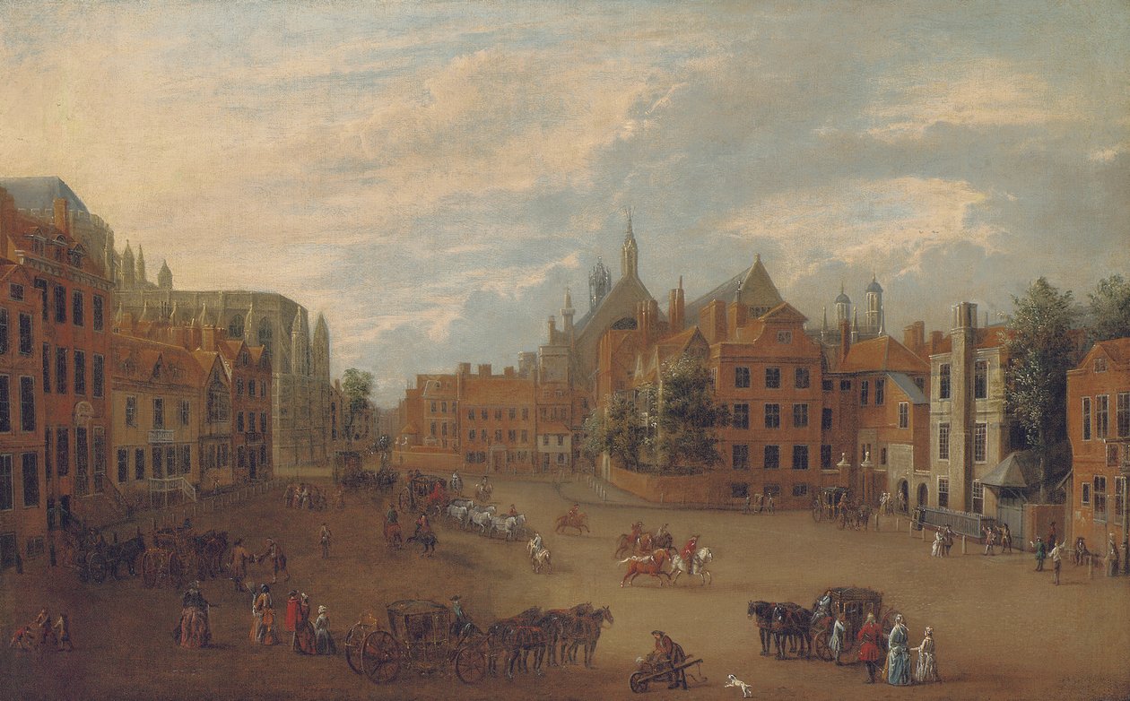 Utsikt over Old Palace Yard, Westminster, med østenden av Westminster Abbey og kapellet til kong Henry VII til venstre, ca. 1700 av English School